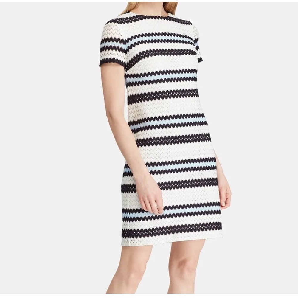 Ralph Lauren Womens 8 Aqua Navy Bold Crochet Striped Sunday Brunch Dress
